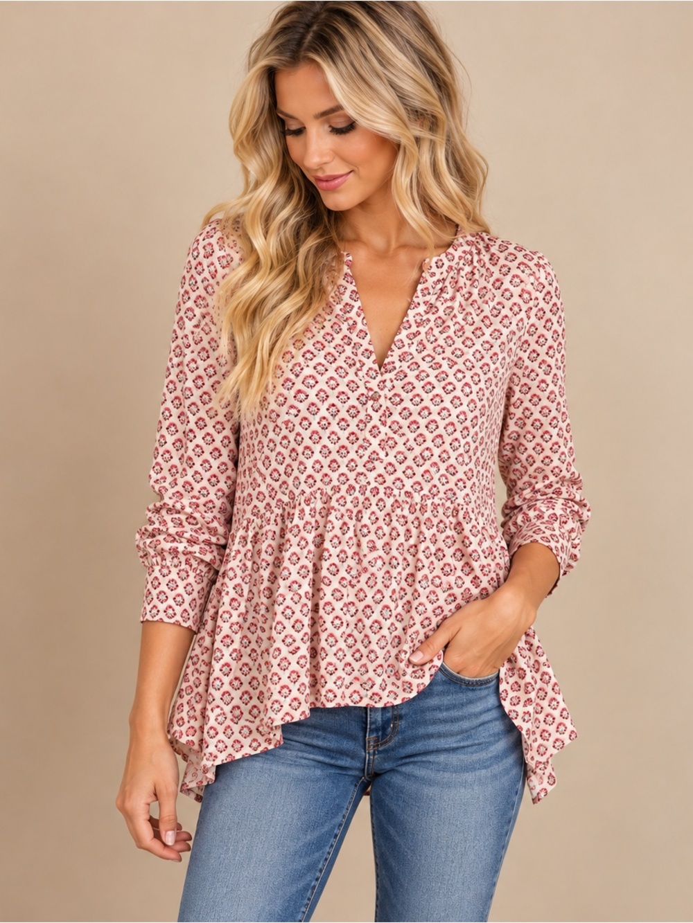 Maeve Anthropologie Laiken Boho Peasant Blouse Floral Pink Top Size 4 Flowy